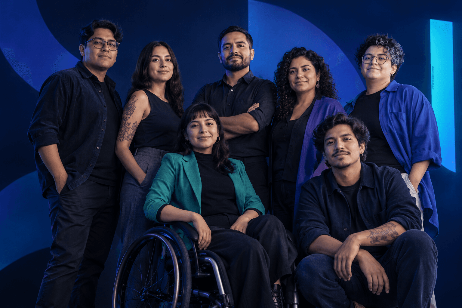 Grupo diverso de personas trabajadoras reunidas con confianza y solidaridad