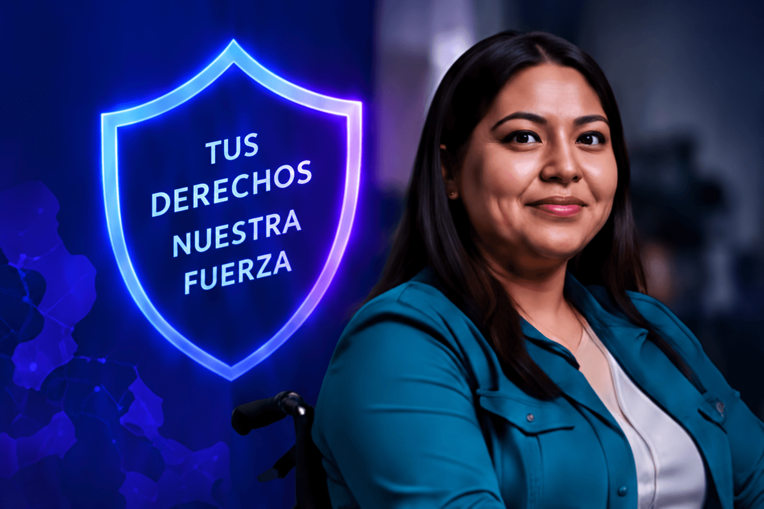 Mujer neurodivergente frente a un escudo con el mensaje Tus derechos, nuestra fuerza