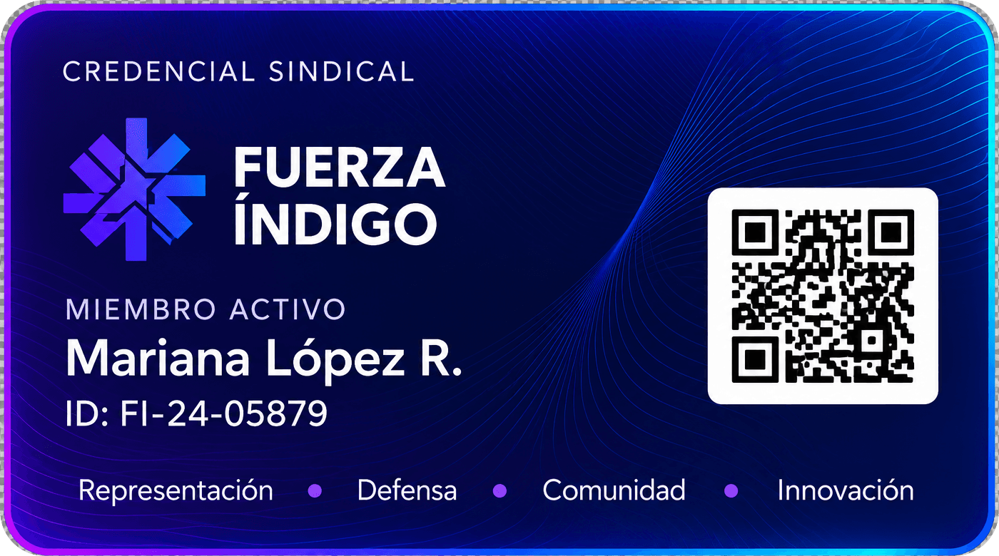 Ejemplo visual de una credencial sindical de Fuerza Índigo